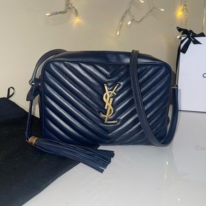 Lou Medium YSL Quilted Camera Crossbody Bag with Pocket DEEP MARINE